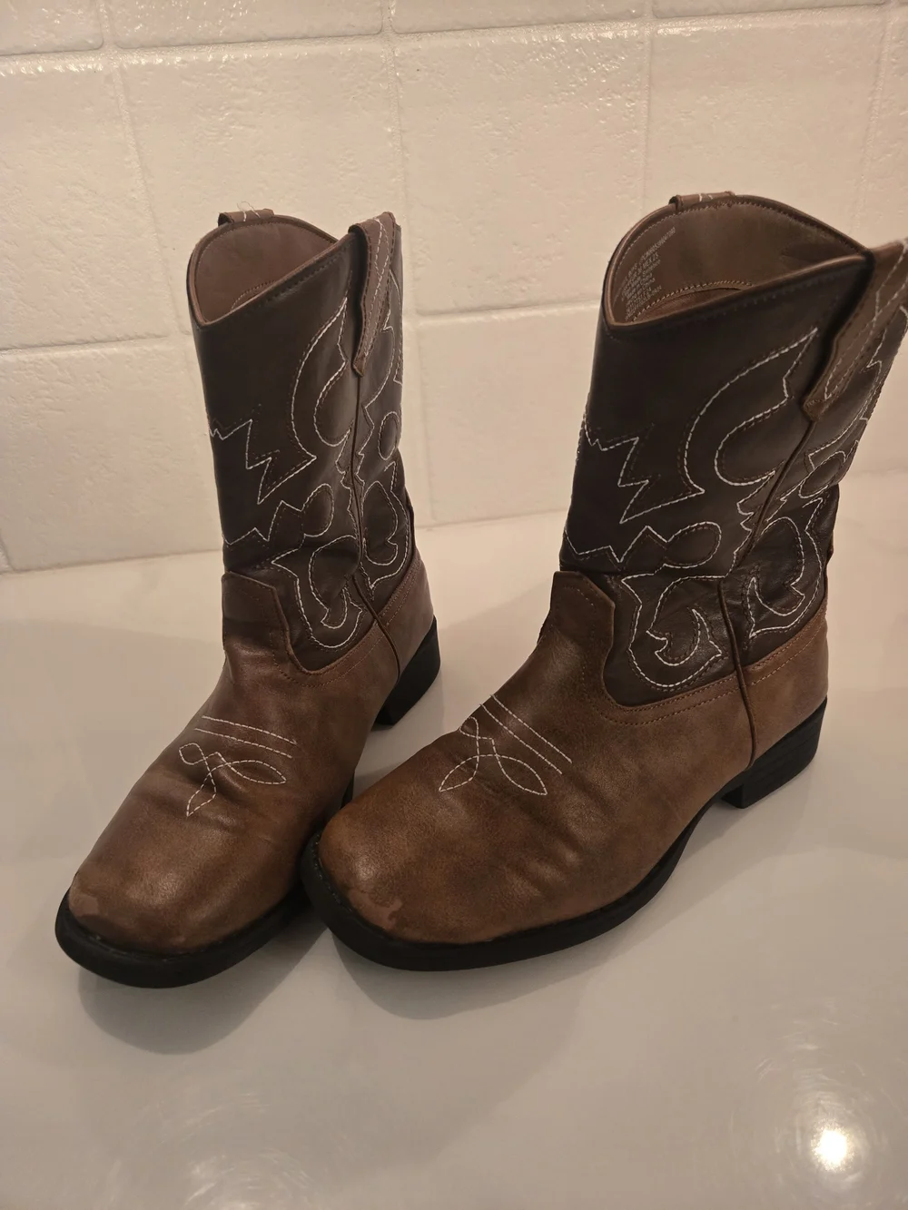 Boys Size 4 Brown Leather-Look Cowboy Boots - Classic Western Style